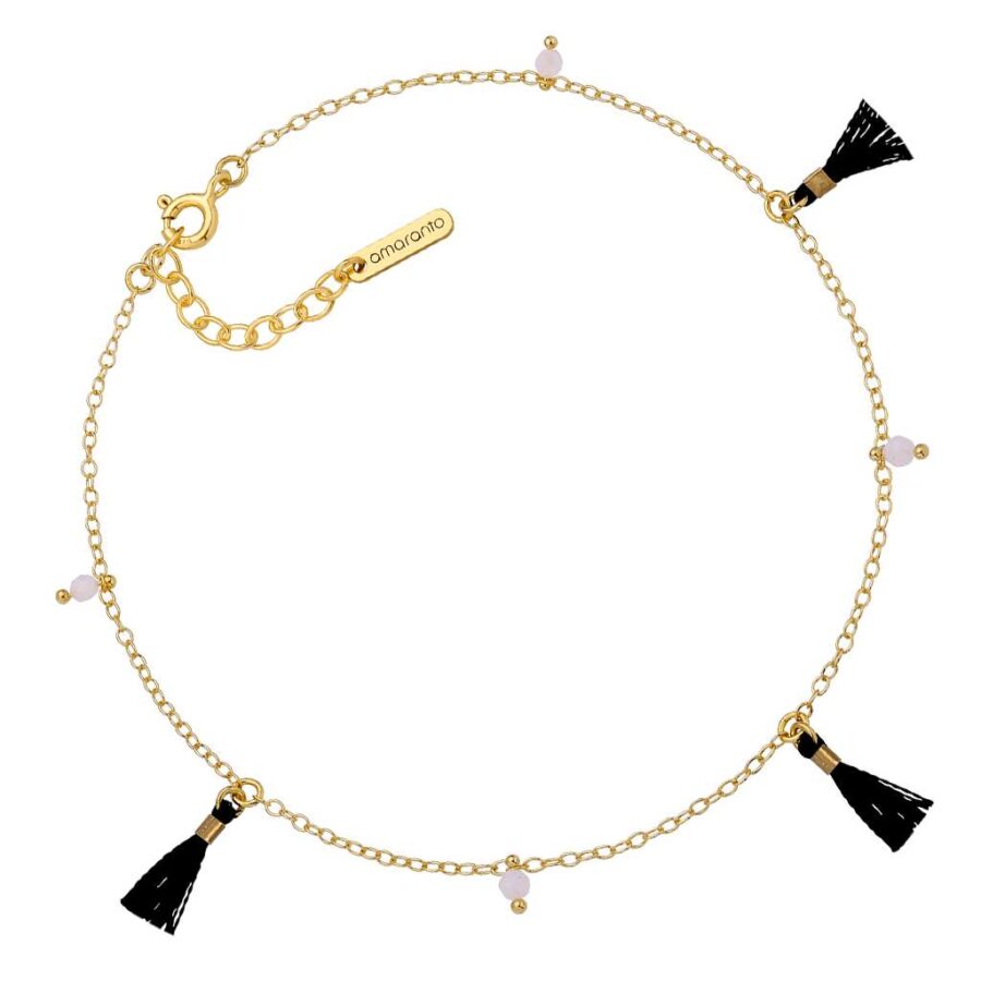 Złota bransoletka na nogę z kwarcem białym i czarnymi frędzlami